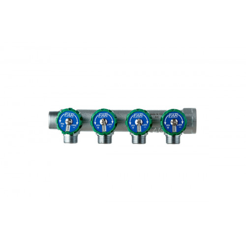Коллектор FAR 3824 3412TP распределительный 3/4" (ВР-НР) с 4 отводами 1/2" НР, плоское уплотнение FK 3824 3412TP